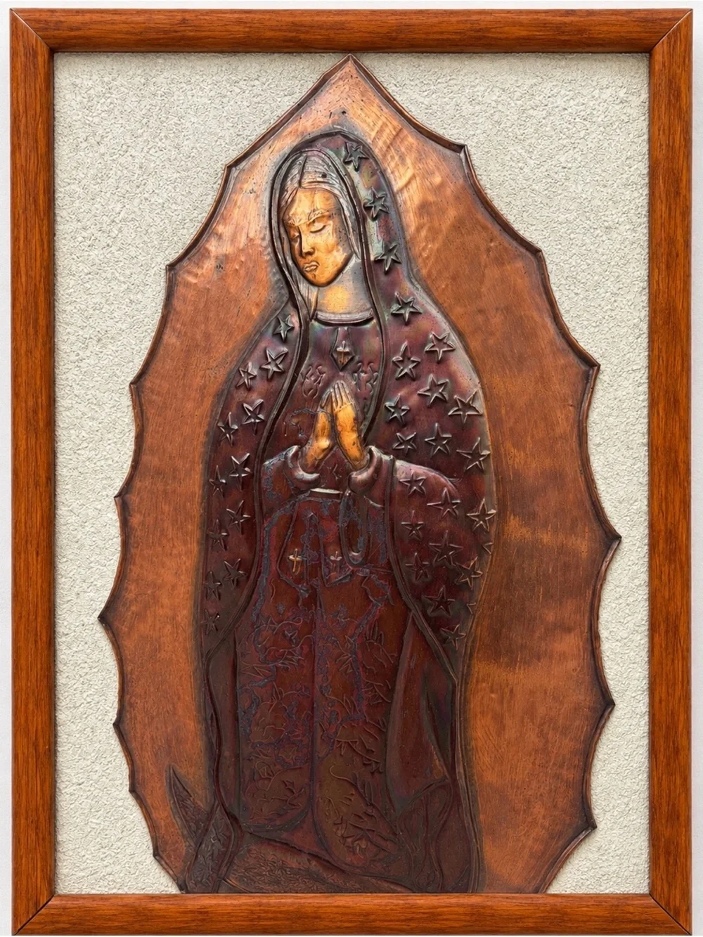 Vtg Mid Century Stanford Guillory Signed Copper Repousse Our Lady Guadalupe Art